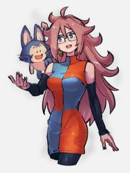 Rule 34 | 1girl, ahoge, android 21, black sleeves, blue eyes, breasts, checkered clothes, checkered dress, detached sleeves, dragon ball, dragon ball fighterz, dress, earrings, grey background, hair between eyes, hoop earrings, jewelry, kemachiku, long hair, looking at another, medium breasts, open mouth, puar, red hair, simple background