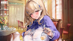 Rule 34 | 1girl, :q, absurdres, black nails, blonde hair, blue bow, blue bowtie, blush, bow, bowtie, bra visible through clothes, breast rest, breasts, breasts on table, brown eyes, button gap, cake, cake slice, chair, chandelier, cherry, chocolate cake, claw ring, closed mouth, collared shirt, cookie, cupcake, curtains, fingernails, food, fork, fruit, gelatin, goddess of victory: nikke, hair ornament, hand on own chest, hand up, highres, holding, holding fork, huge breasts, indoors, jewelry, licking lips, looking at viewer, macaron, multiple rings, nail polish, official art, partially unbuttoned, plate, pudding, ring, shirt, smile, solo, spoon, strawberry, strawberry shortcake, table, tablecloth, teapot, tia (nikke), tongue, tongue out, white shirt, window, wooden floor