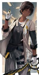 Rule 34 | 1boy, arknights, asymmetrical sleeves, black hair, black shirt, border, chain, coat, collarbone, collared coat, dark-skinned male, dark skin, gloves, gold trim, grey pants, grey shirt, hair between eyes, hand up, highres, holding, holding sword, holding weapon, indoors, jewelry, lamp, looking at viewer, male focus, necklace, open clothes, open coat, orange eyes, outside border, pants, plaid, plaid shirt, pocket, shirt, short hair, short sleeves, shuvi (shuvi1125), solo, standing, sword, t-shirt, teeth, test tube, thorns (arknights), weapon, white border, white coat, white gloves, white shirt