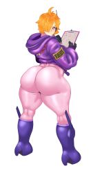 Rule 34 | 1girl, :&lt;, absurdres, ass, blush, bodysuit, breasts, curvy, hair over one eye, highres, hood, hoodie, huge ass, jacket, large breasts, one piece, orange hair, plump, shiny clothes, shiny skin, short hair, solo, standing, sunnysundown, sweat, sweatdrop, vegapunk lilith, wide hips