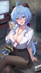 Rule 34 | 1girl, absurdres, ahoge, alcohol, alternate costume, bench, between breasts, black pantyhose, black skirt, blue hair, blush, brand name imitation, breasts, can, chips (food), crossed legs, drunk, feet out of frame, food, ganyu (genshin impact), genshin impact, gradient eyes, hair between eyes, highres, holding, holding can, horns, judynoboken, lanyard, large breasts, long hair, looking at viewer, multicolored eyes, nipples, office lady, on bench, outdoors, pantyhose, partially unbuttoned, potato chips, purple eyes, sake, sapporo beer, see-through, shirt, sidelocks, sitting, skirt, solo, strap between breasts, unbuttoned, unbuttoned shirt, vending machine, wavy mouth, white shirt