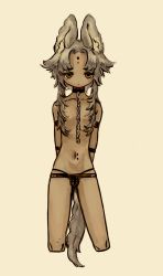 Rule 34 | 1other, androgynous, animal ears, arms behind back, brown panties, closed mouth, cropped legs, dark skin, dot mouth, dot nose, facial mark, forehead mark, grey hair, highres, looking at viewer, navel, navel piercing, panties, piercing, shima (wansyon144), sidelocks, simple background, solo, standing, tail, underwear, yellow background, yellow eyes