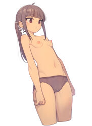 Rule 34 | 1girl, ahoge, blush, breasts, commentary request, cropped legs, everyntrge, grey hair, grey panties, hair ribbon, long hair, looking down, navel, nipples, original, panties, ponytail, red eyes, ribbon, sidelocks, simple background, small breasts, solo, topless, underwear, white background, white ribbon