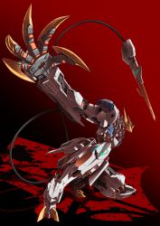 Rule 34 | absurdres, claws, dynamic pose, glowing, glowing eyes, gradient background, gundam, gundam barbatos, gundam barbatos lupus rex, gundam tekketsu no orphans, heyzan, highres, mecha, mechanical tail, no humans, open hand, red background, red eyes, robot, solo, squatting, tail
