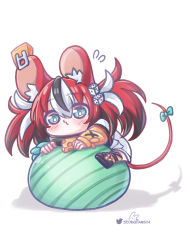 Rule 34 | animal ears, ball, black hair, blue eyes, blush, bow, chibi, commentary, dice hair ornament, english commentary, exercise ball, hair ornament, hakos baelz, hololive, hololive english, monja (monja0521), mouse ears, mouse girl, mousetrap, multicolored hair, red hair, shirt, streaked hair, tail, tail bow, tail ornament, twintails, virtual youtuber, white hair, white shirt