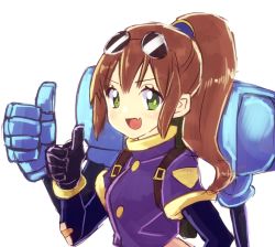 Rule 34 | 1girl, :d, blue shirt, breasts, brown hair, commentary request, crop top, eyewear on head, gloves, green eyes, jacket, long hair, looking at viewer, mechanical arms, murata tefu, open mouth, ponytail, precis neumann, shirt, simple background, single mechanical arm, smile, solo, square enix, star ocean, star ocean the second story, tri-ace