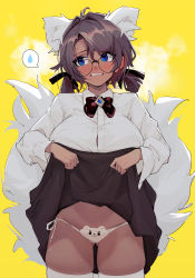 Rule 34 | 1girl, absurdres, animal ears, black skirt, blue eyes, blush, bow, bowtie, breasts, brown hair, button gap, buttons, clenched teeth, clothes lift, collared shirt, dark-skinned female, dark skin, fox ears, fox tail, glasses, gluteal fold, hair ribbon, highres, ili, large breasts, lifting own clothes, long sleeves, multiple tails, original, panties, ribbon, round eyewear, shirt, side-tie panties, simple background, skindentation, skirt, skirt lift, solo, tail, teeth, thighhighs, thighs, twintails, underwear, white shirt, white thighhighs, yellow background