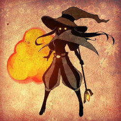 Rule 34 | 1girl, black mage (final fantasy), cape, explosion, final fantasy, glowing, glowing eyes, hat, long hair, solo, staff, urue, witch hat