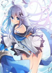 Rule 34 | 1girl, ahoge, bare shoulders, blue eyes, blue hair, blue ribbon, blurry, blurry foreground, blush, closed mouth, commentary request, depth of field, dress, hair between eyes, hair ornament, hanamiya natsuka, little mermaid (mary skelter), long hair, long sleeves, mary skelter, off-shoulder dress, off shoulder, ribbon, sleeves past wrists, smile, solo, standing, standing on one leg, very long hair, water drop, white dress, wide sleeves