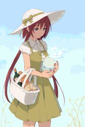 Rule 34 | 1girl, airi (queen&#039;s blade), basket, blue eyes, bottle, bread, casual, commentary request, dress, food, ghost, green dress, hat, highres, hitodama, long hair, nifffi, queen&#039;s blade, red hair, shirt, sidelocks, solo, twintails, two side up, wine bottle