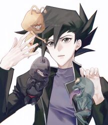 Rule 34 | 1boy, bad id, bad lofter id, black hair, black jacket, blue skin, colored skin, cyclops, duel monster, green eyes, green skin, grin, hands up, highres, hug, jacket, long sleeves, looking up, male focus, male swimwear, manjoume jun, naoki (2rzmcaizerails6), ojama black, ojama green, ojama yellow, one-eyed, open clothes, open jacket, own hands together, parted lips, purple shirt, shirt, short hair, simple background, smile, spiked hair, swim briefs, teeth, tongue, tongue out, transparent, turtleneck, turtleneck shirt, upper teeth only, white background, yellow skin, yu-gi-oh!, yu-gi-oh! gx