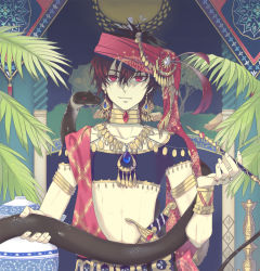 Rule 34 | 1boy, arabian clothes, armband, bad id, bad pixiv id, black hair, coin, crop top, earrings, enk, hookah, jewelry, judal, leaf, magi the labyrinth of magic, male focus, midriff, neck ring, necklace, red eyes, snake, solo