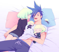 Rule 34 | 2boys, androgynous, ass, asymmetrical hair, bed sheet, black shirt, blue hair, bulge, burrrntlemon, commentary, facing another, galo thymos, green hair, highres, light smile, lio fotia, lying, male focus, midriff peek, mini person, miniboy, multiple boys, on back, on stomach, open mouth, pants, pillow, promare, purple eyes, shirt, short shorts, shorts, sidecut, sleeping, spiked hair, symbol-only commentary, trap, undercut, underwear, white shirt, yaoi