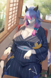 Rule 34 | 1girl, black horns, black kimono, blue hair, blue skin, blurry, blurry background, blurry foreground, breasts, chair, cleavage, closed eyes, collarbone, colored skin, day, dragon girl, ears down, eyelashes, female focus, flower print, furry, furry female, highres, horns, huge breasts, indoors, japanese clothes, kimono, lanya (lcshian), lcshian, original, plant, purple hair, sitting, sky, sleeping, solo, tree, white skin, window, wooden chair
