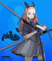 Rule 34 | 1girl, absurdres, alternate hairstyle, black gloves, blue background, blue eyes, brown hair, capelet, drill hair, english text, fantasy, gloves, grin, hair ornament, hairband, half gloves, heromedley, highres, holding, holding sword, holding weapon, long hair, looking at viewer, original, smile, sword, weapon