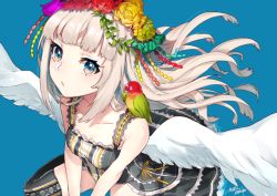 Rule 34 | 1girl, bird, black dress, blue background, blue eyes, breasts, cleavage, closed mouth, dress, flower, hair flower, hair ornament, head wreath, long hair, looking at viewer, mika pikazo, original, parrot, platinum blonde hair, red flower, red rose, ribbon, rose, signature, simple background, small breasts, solo, white wings, wings, yellow flower, yellow ribbon, yellow rose