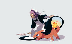 Rule 34 | 1boy, aged down, alternate costume, apron, bendan-daizi, black dress, buttons, charmeleon, claws, clothes lift, collared dress, commentary request, creatures (company), dark-skinned male, dark skin, dress, dress lift, enmaided, fire, flame-tipped tail, game freak, gen 1 pokemon, highres, holding, leon (pokemon), long sleeves, lower teeth only, maid, male focus, nintendo, open mouth, pokemon, pokemon (creature), pokemon swsh, purple hair, teeth, tongue, white apron, white headwear, yellow eyes