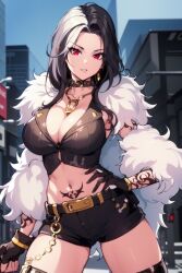Rule 34 | black hair, breasts, cleavage, crop top, gloves, goddess of victory: nikke, highres, large breasts, looking at viewer, midriff, multicolored hair, red eyes, rosanna (nikke), tattoo, thighs, white hair