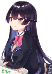Rule 34 | 1girl, black eyes, black hair, black jacket, bow, bowtie, braid, collared shirt, hair ornament, hairclip, highres, itsumi mita, jacket, leaning on object, looking at viewer, nijisanji, plaid, plaid skirt, shirt, skirt, smile, solo, tsukino mito, tsukino mito (1st costume), virtual youtuber, white background