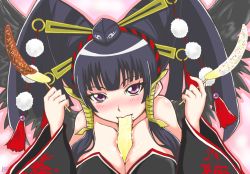 Rule 34 | 1girl, bad id, bad pixiv id, banana, bare shoulders, beads, between breasts, black hair, black wings, blunt bangs, blush, breasts, chocolate banana, cleavage, collarbone, cream, dead or alive, dead or alive 5, detached sleeves, dual wielding, eating, food, food in mouth, fruit, hair ornament, hair ribbon, hair stick, hairband, hat, highres, holding, japanese clothes, large breasts, long sleeves, looking at viewer, mole, mole under mouth, nose blush, nyotengu, outline, phallic symbol, pom pom (clothes), purple eyes, ribbon, sexually suggestive, short hair, sidelocks, signature, solo, spiritual b90, striped, tassel, tengu, tokin hat, tress ribbon, twintails, upper body, wide sleeves, wings
