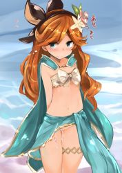 Rule 34 | 10s, 1girl, absurdres, arms behind back, bad id, bad twitter id, blue cape, blue eyes, blush, bow, cape, closed mouth, collarbone, cowboy shot, eyebrows, flower, flying sweatdrops, granblue fantasy, hair flower, hair ornament, hairband, highres, inactive account, long hair, looking to the side, muoto, navel, no panties, nose blush, orange hair, parted bangs, pussy, pussy juice, sara (granblue fantasy), smile, solo, standing, stomach, sweat, white bow