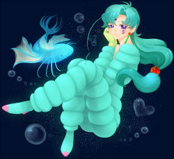 Rule 34 | 1990s (style), 1boy, :t, ahoge, banana imo, bishoujo senshi sailor moon, bishoujo senshi sailor moon supers, blue eyes, blue hair, bodysuit, bubble, head rest, facial mark, fish, fish eye (sailor moon), full body, heart, long hair, male focus, matching hair/eyes, pointy ears, shoes, solo, tattoo, trap