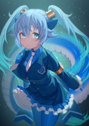 Rule 34 | 1girl, :/, akuma (st.takuma), arm at side, armlet, aura, blue eyes, blue hair, buttons, closed mouth, collared shirt, dragon girl, dragon horns, dragon tail, finger to mouth, frilled skirt, frills, gloves, gradient hair, green hair, hand up, highres, horns, index finger raised, jacket, japari symbol, kemono friends, leaning forward, long hair, long sleeves, long tail, looking at viewer, miniskirt, multicolored hair, necktie, outstretched arm, pantyhose, seiryuu (kemono friends), shirt, skirt, solo, tail, twintails, two-tone hair, very long hair, wing collar