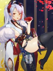 Rule 34 | 1girl, antenna hair, azur lane, black panties, black thighhighs, blush, breasts, brown eyes, choker, cleavage, collarbone, commentary request, cross, cup, hair between eyes, headgear, highres, holding, holding cup, iron cross, japanese clothes, kimono, large breasts, long hair, looking at viewer, maitei roppa, mole, mole on breast, multicolored hair, open mouth, panties, prinz eugen (azur lane), prinz eugen (profusion of flowers) (azur lane), red hair, sakazuki, side-tie panties, sideboob, silver hair, smile, solo, streaked hair, swept bangs, thighhighs, thighs, two side up, underwear, very long hair, wide sleeves