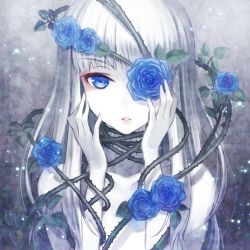 Rule 34 | 1girl, bare shoulders, blue eyes, blue flower, blue rose, collarbone, expressionless, eyebrows, flower, flower eyepatch, gradient background, grey background, hands on own face, koma (koma e), leaf, light particles, long hair, looking at viewer, one eye covered, original, pale skin, parted lips, rose, silver hair, solo, thorns, upper body