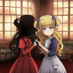 Rule 34 | 2girls, absurdres, black hair, blonde hair, blue bow, blue eyes, bow, closed mouth, dress, emilico (shadows house), flower, hair bow, hair flower, hair ornament, highres, holding hands, kamen art123, kate (shadows house), living doll uniform, looking at viewer, multiple girls, red dress, red flower, shadow (shadows house), shadows house, standing, table, twintails, window