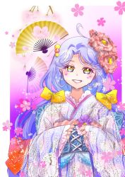 Rule 34 | 1girl, ahoge, border, bow, grin, hair bow, hair intakes, heart, highres, japanese clothes, kimono, long hair, long sleeves, looking at viewer, manekineko5319, obi, outside border, precure, sash, silver hair, sleeves past wrists, smile, solo, suzumura sango, tropical-rouge! precure, very long hair, white border, white kimono, wide sleeves, yellow bow, yellow eyes, yukata