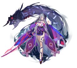 Rule 34 | 1girl, ark order, breasts, eyes visible through hair, glowing, glowing weapon, grey hair, holding, holding sword, holding weapon, horns, katana, large breasts, long hair, monster, parted lips, platform clogs, red cucumber, red eyes, solo, sword, talisman, tattoo, toenails, veins, weapon, wide sleeves, yamata no orochi (ark order)