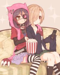Rule 34 | 2girls, :t, animal hood, black socks, blonde hair, blush, brown eyes, bucket, cat hood, chewing, clothes writing, controller, couch, eyepatch, fingernails, food, green skirt, hair over one eye, hand on another&#039;s hip, hayasaka mirei, holding, hood, idolmaster, idolmaster cinderella girls, jacket, kneehighs, lavender skirt, layered skirt, layered sleeves, long sleeves, multicolored hair, multiple girls, nail polish, on couch, open clothes, open jacket, pery lene, pink nails, plaid, plaid skirt, pleated skirt, popcorn, purple hair, red jacket, remote control, shirasaka koume, shirt, short hair, short over long sleeves, short sleeves, side-by-side, sitting, skirt, skull, sleeves past fingers, sleeves past wrists, smile, socks, streaked hair, striped clothes, striped thighhighs, t-shirt, thighhighs, two-tone hair, white legwear, white shirt, zettai ryouiki