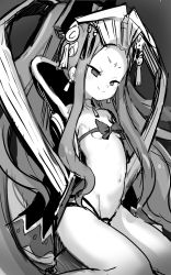 Rule 34 | 1girl, bow, breasts, facial mark, fate/grand order, fate (series), forehead, forehead mark, grey background, greyscale, headpiece, highres, kneeling, long hair, looking at viewer, monochrome, navel, revealing clothes, sketch, small breasts, smile, solo, suurin (ksyaro), very long hair, wu zetian (fate)