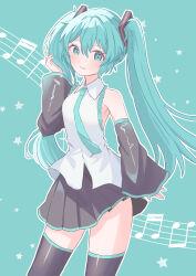 Rule 34 | 1girl, absurdres, aqua background, aqua eyes, aqua hair, aqua necktie, bare shoulders, beamed eighth notes, beamed sixteenth notes, black sleeves, collared shirt, contrapposto, cowboy shot, detached sleeves, floating clothes, frilled shirt, frills, hair ornament, hand in own hair, hatsune miku, highres, long hair, looking at viewer, mokoinu (pixiv 27216243), musical note, musical note background, necktie, outline, pleated skirt, shirt, skindentation, skirt, sleeveless, sleeveless shirt, smile, solo, star (symbol), thighhighs, twintails, untucked shirt, very long hair, vocaloid, white outline, white shirt, wide sleeves, wind, wind lift