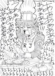Rule 34 | 10s, 1girl, = =, absurdres, apron, chopping, comic, crying, cutting board, dual wielding, closed eyes, greyscale, highres, holding, japanese clothes, kantai collection, kariginu, knife, kyousaru, long hair, long sleeves, magatama, monochrome, onion, ryuujou (kancolle), screaming, snot, solo, sweatdrop, table, tears, translation request, trembling, twintails, upper body, visor cap