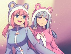 Rule 34 | 2girls, :d, blue coat, blue eyes, blue hair, breasts, coat, commentary, english commentary, fang, frown, fur-trimmed headwear, fur trim, hat, hat with ears, large breasts, long hair, long sleeves, looking away, low twintails, multiple girls, nieve (rabi ribi), nixie (rabi ribi), open mouth, pink coat, pink eyes, pink hair, rabi-ribi, siblings, sisters, smile, sparkle, speckticuls, twintails, wide sleeves