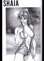 Rule 34 | 1990s (style), 1girl, bracer, breasts, choujin gakuen gowcaizer, denim, high ponytail, hishizaki shaia (gowcaizer), long hair, lowres, monochrome, naked suspenders, navel, oobari masami, ponytail, production, retro artstyle, settei, sketch, solo, suspenders, technos, topless, very long hair
