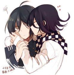 Rule 34 | 2boys, ahoge, black hair, black jacket, brown eyes, buttons, checkered clothes, checkered neckwear, checkered scarf, closed eyes, closed mouth, commentary request, danganronpa (series), danganronpa v3: killing harmony, flipped hair, heart, jacket, kiss, long sleeves, looking at viewer, multiple boys, oma kokichi, profile, qiao xing, saihara shuichi, scarf, short hair, simple background, squiggle, striped clothes, striped jacket, translation request, upper body, white jacket, yaoi