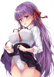 Rule 34 | 10s, 1girl, :d, bb (fate), bb (fate/extra), black skirt, blush, bow, breasts, cameltoe, clothes lift, collared shirt, commentary request, fate/extra, fate/extra ccc, fate (series), groin, hair between eyes, hair bow, high-waist skirt, highleg, highleg leotard, large breasts, leotard, leotard under clothes, lifting own clothes, long hair, long sleeves, looking at viewer, marisasu (marisa0904), neck ribbon, open mouth, purple eyes, purple hair, red bow, red ribbon, ribbon, shirt, simple background, skirt, skirt lift, smile, solo, very long hair, white background, white leotard, white shirt