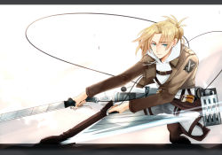 Rule 34 | 1girl, annie leonhart, aqua eyes, bad id, bad pixiv id, belt, blonde hair, boots, cable, camel000, dual wielding, holding, knee boots, long sleeves, shingeki no kyojin, short hair, solo, sword, thigh strap, three-dimensional maneuver gear, uniform, weapon