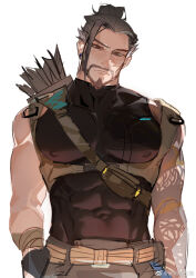 Rule 34 | 1boy, arrow (projectile), bara, beard, black hair, chest harness, covered abs, covered erect nipples, covered navel, cowboy shot, facial hair, hanzo (overwatch), harness, head tilt, highres, large pectorals, looking at viewer, male focus, mature male, midomido, muscular, muscular male, mustache, overwatch, pectorals, ponytail, short hair, solo, underbust