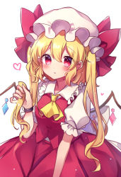 Rule 34 | 1girl, alternate hairstyle, ascot, back bow, blonde hair, blush, bow, breasts, collar, collared shirt, crystal, eyes visible through hair, flandre scarlet, hair between eyes, hand up, hat, hat bow, highres, jewelry, long hair, looking away, medium breasts, mob cap, moshihimechan, multicolored eyes, multicolored wings, open mouth, pink eyes, puffy short sleeves, puffy sleeves, red bow, red eyes, red skirt, red vest, seiza, shirt, short sleeves, simple background, sitting, skirt, solo, touhou, twintails, vest, white background, white bow, white hat, white shirt, wings, wristband, yellow ascot