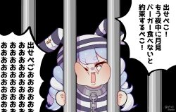 Rule 34 | 0725akaba, 1girl, animal ears, bars, black background, blue hair, braid, chain, cheek squash, chibi, collar, commentary request, fake animal ears, highres, hololive, long hair, multicolored hair, one eye closed, prison, prison cell, rabbit ears, safety pin, shirt, short eyebrows, simple background, solo, striped clothes, striped headwear, striped shirt, thick eyebrows, translation request, twin braids, twintails, twitter username, two-tone hair, usada pekora, usada pekora (prisoner), very long hair, virtual youtuber, white hair
