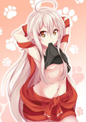 Rule 34 | 10s, 1girl, 3:, ahoge, animal hands, armpits, arms up, backless outfit, bare arms, beige background, black shirt, blonde hair, breasts, chiya (urara meirochou), chrisandita, closed mouth, crop top, crop top overhang, cropped legs, dog paws, eyebrows, eyelashes, gradient background, hair between eyes, highres, holding, japanese clothes, lifting own clothes, long hair, looking at viewer, medium breasts, midriff, miniskirt, mouth hold, navel, no bra, open mouth, orange eyes, pink background, red ribbon, red skirt, ribbon, shirt, sidelocks, simple background, skirt, sleeveless, sleeveless shirt, smile, solo, standing, stomach, tank top, upper body, urara meirochou, very long hair, white hair