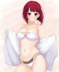 Rule 34 | 1girl, arima kana, bare shoulders, bikini, blush, breasts, collarbone, contrapposto, gluteal fold, grin, hands up, hinata masaki, holding, holding towel, looking at viewer, medium breasts, navel, o-ring, o-ring bikini, o-ring top, open towel, oshi no ko, red eyes, red hair, short hair, smile, solo, strapless, strapless bikini, swimsuit, towel, white bikini