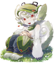 Rule 34 | 1girl, akamtvahosi, animal, animal ears, animal hands, animal on lap, blue pants, breasts, bright pupils, claws, full body, furry, green hat, green pants, grey fur, hat, heart, highres, knees up, looking at viewer, made in abyss, medium breasts, meinya (made in abyss), on grass, on ground, on lap, pants, prushka (furry), red eyes, sitting, solo, tail, topless, upper body, white pupils