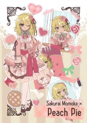 Rule 34 | 1girl, black footwear, blonde hair, blush, brooch, character name, closed mouth, corset, cup, dress, english text, flower, food, food-themed clothes, frilled dress, frills, fruit, gloves, green eyes, hair flower, hair ornament, hand on own chest, hands on own chin, head rest, heart, high heels, highres, idolmaster, idolmaster cinderella girls, jewelry, leggings, lipstick, long sleeves, makeup, medium hair, monakocoa, one eye closed, peach, pie, pink dress, ribbon, rose, sakurai momoka, sitting, smile, solo, solo focus, standing, table, tape, teacup, wavy hair, white gloves, white leggings