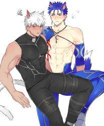 Rule 34 | 2boys, abs, animal ears, archer (fate), armor, bara, biceps, blue hair, blush, bodysuit, cat ears, cat tail, compression shirt, cu chulainn (fate), cu chulainn (second ascension) (fate), dark-skinned male, dark skin, ear piercing, earrings, elbow gloves, fang, fate/grand order, fate/stay night, fate (series), feet out of frame, gloves, highres, jewelry, leather, leather belt, looking at viewer, lying, male focus, manly, mature male, multiple boys, muscular, muscular male, nipples, on back, pants, pectorals, piercing, red eyes, seum (kao husband), short hair, shoulder pads, simple background, spandex, spiked hair, stud earrings, sweat, sweatdrop, tail, tight clothes, white background, white hair
