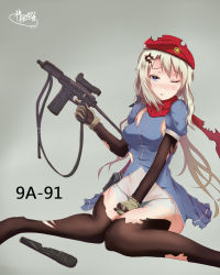 Rule 34 | 1girl, 9a-91, 9a-91 (girls&#039; frontline), absurdres, artist name, beret, black panties, blue eyes, blush, braid, character name, frown, girls&#039; frontline, gloves, gun, hair ornament, hat, highres, long hair, looking at viewer, magazine (weapon), one eye closed, panties, rifle, scarf, see-through, silver hair, solo, star (symbol), star hair ornament, suppressor, tears, thighhighs, torn clothes, torn thighhighs, underwear, weapon